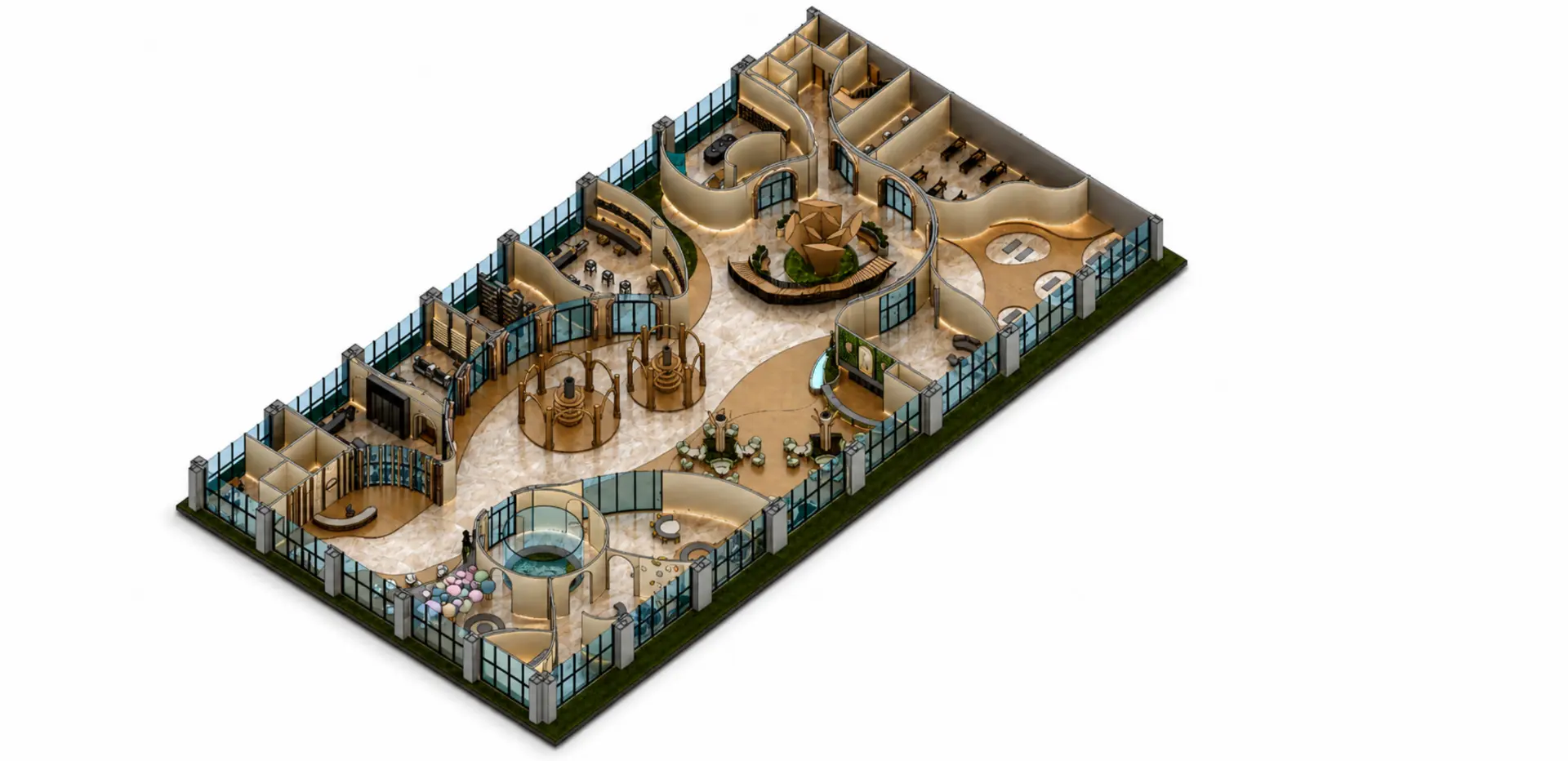 Axonometric plan — spatial cores, petals, and program