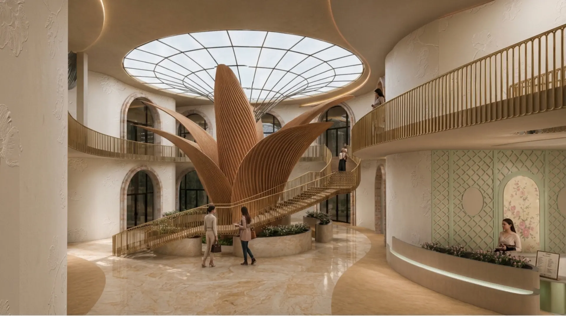 Central atrium — sculptural bloom stair and skylight