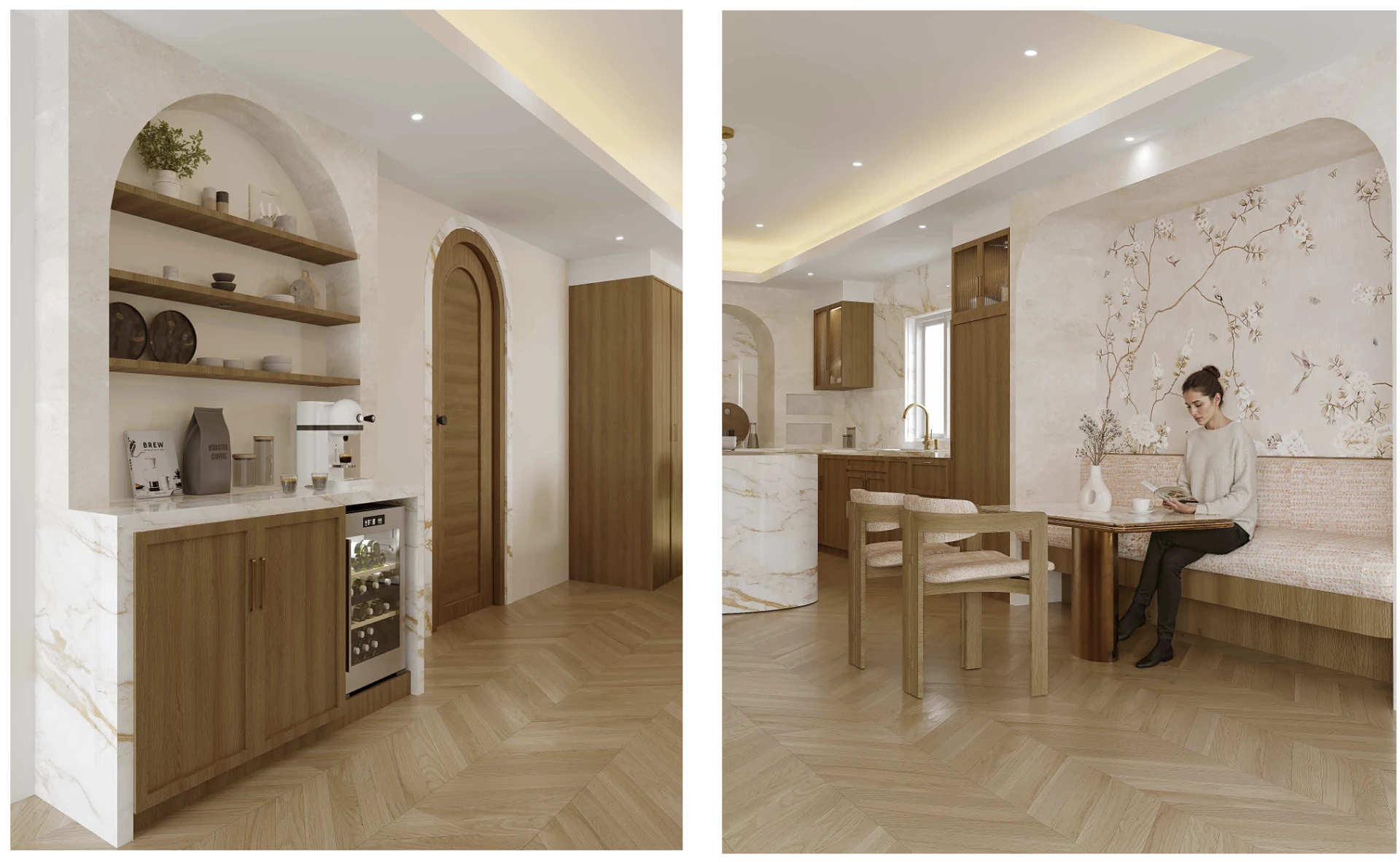 Coffee niche and arched breakfast nook with upholstered banquette