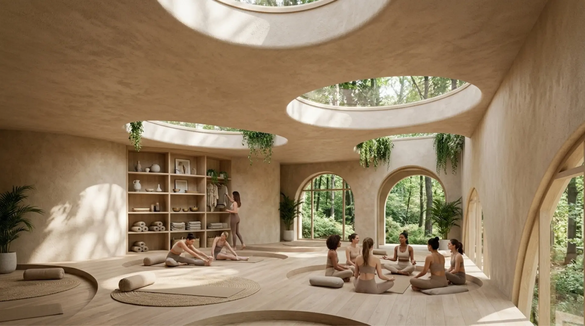 Wellness studio — movement and meditation beneath circular skylights