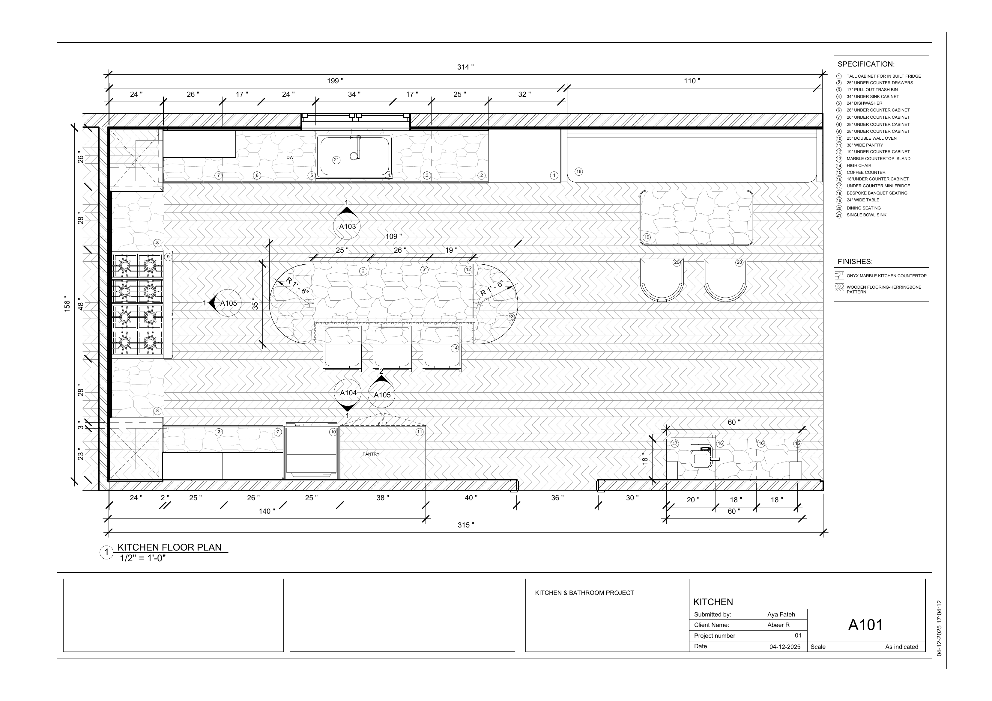 Kitchen floor plan — cabinetry layout, island, and circulation