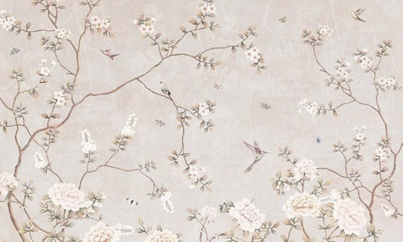 Hand-painted chinoiserie mural — blossom, bird, and butterfly detail