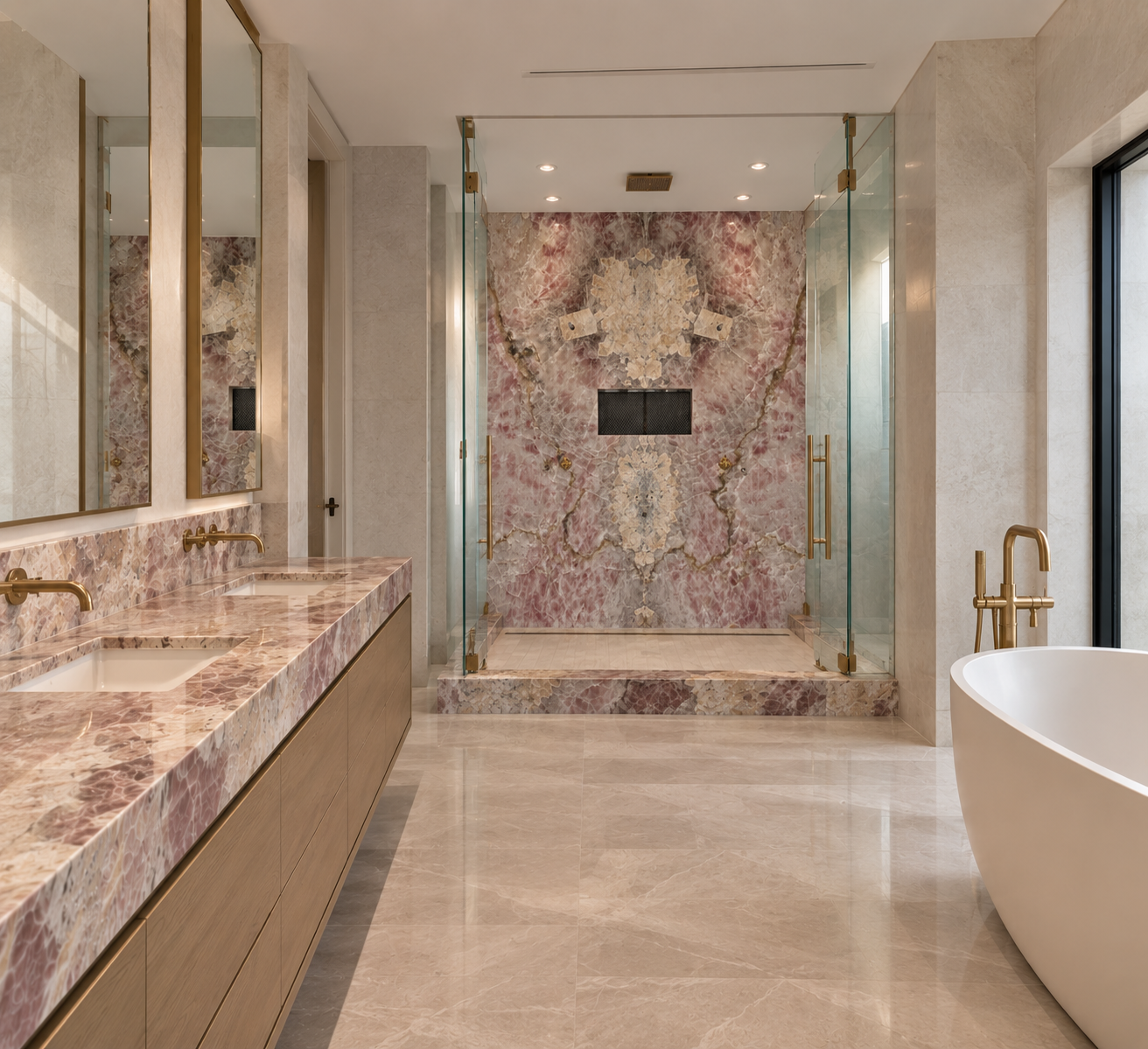 Master bath — veined marble, freestanding tub, and brass fixtures