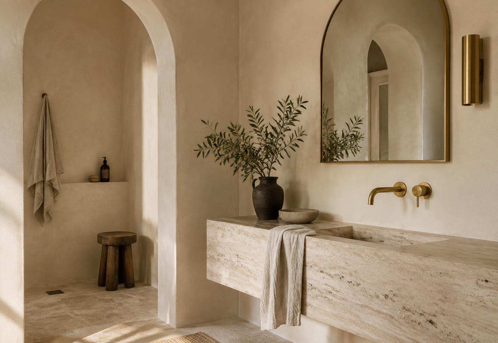 Travertine vanity with arched mirror in a plaster bathroom