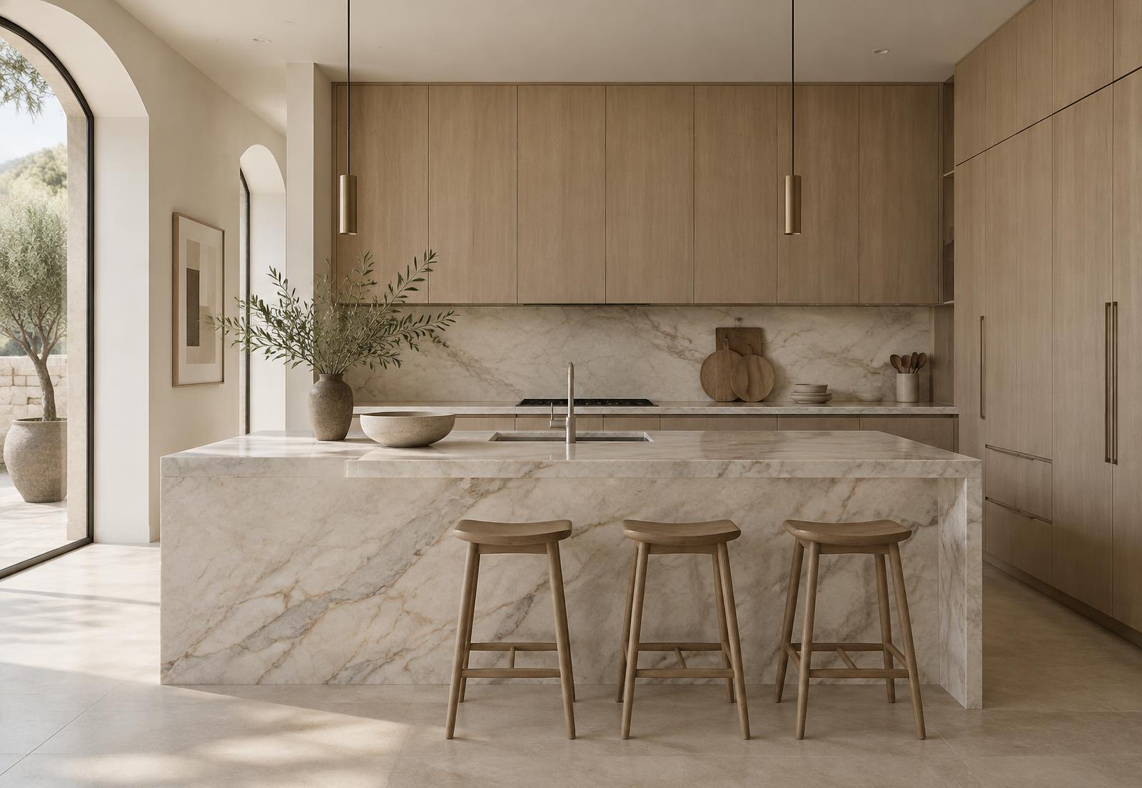 Adjoining kitchen in pale oak and marble