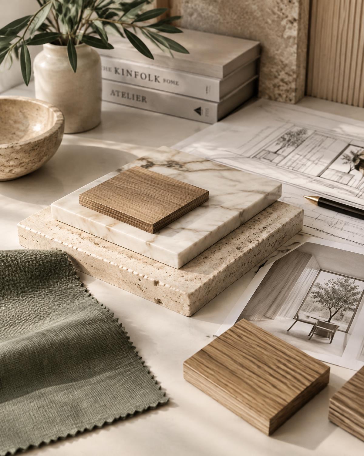 Studio table with travertine, marble and oak material samples